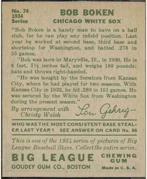 1934 Goudey #74 Bob Boken card back