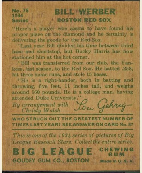 1934 Goudey #75 Billy Werber card back