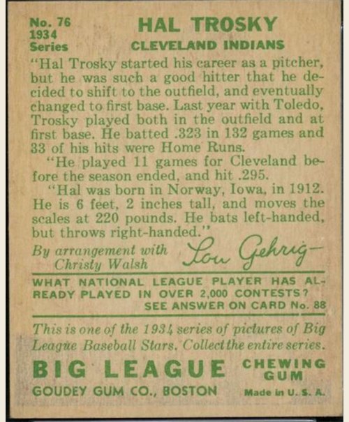 1934 Goudey #76 Hal Trosky card back