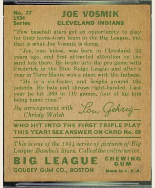 1934 Goudey #77 Joe Vosmik card back