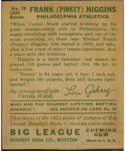1934 Goudey #78 Pinky Higgins card back