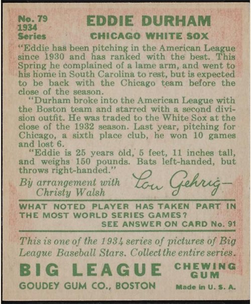 1934 Goudey #79 Eddie Durham card back