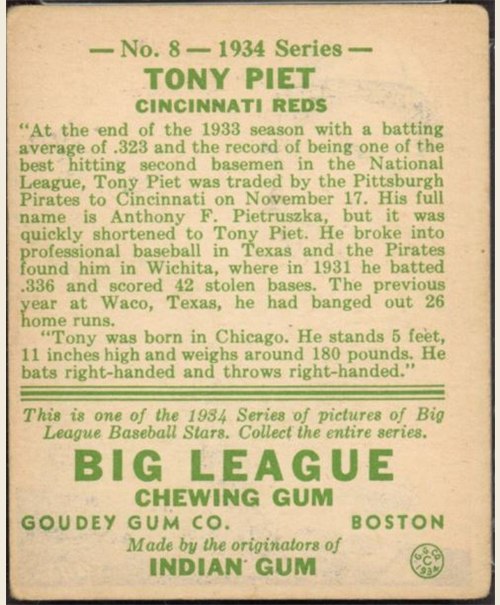 1934 Goudey #8 Tony Piet card back