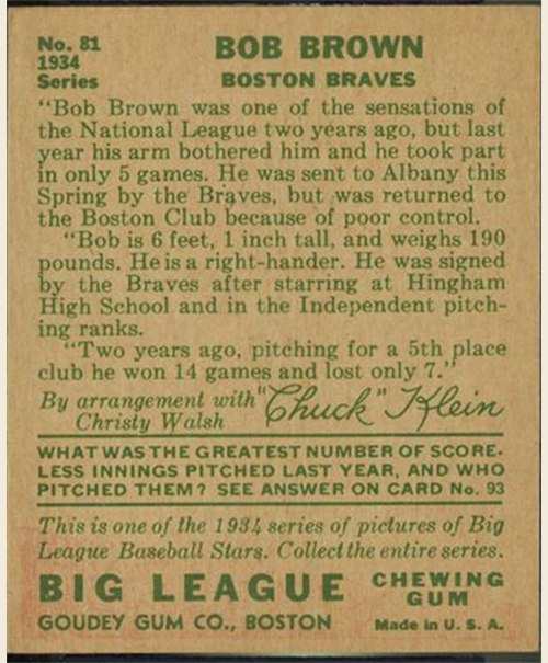 1934 Goudey #81 Bob Brown card back