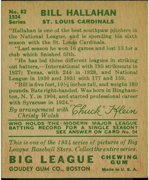 1934 Goudey #82 Bill Hallahan card back