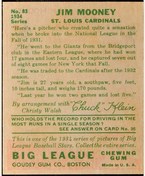 1934 Goudey #83 Jim Mooney card back