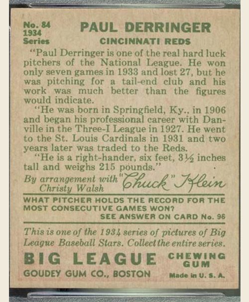 1934 Goudey #84 Paul Derringer card back