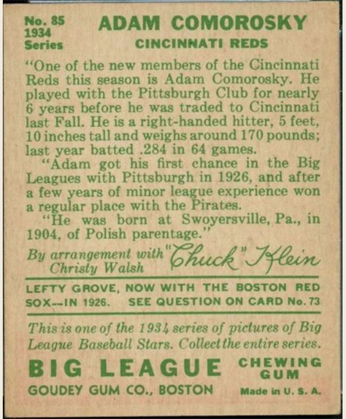 1934 Goudey #85 Adam Comorosky card back