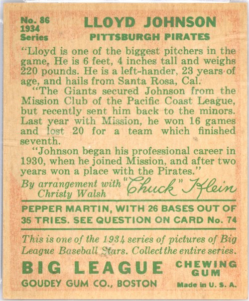 1934 Goudey #86 Lloyd Johnson card back