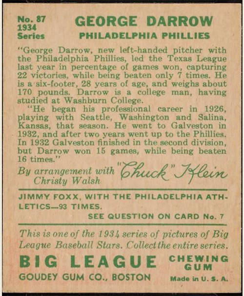 1934 Goudey #87 George Darrow card back