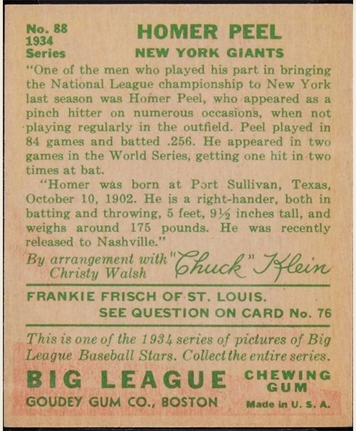 1934 Goudey #88 Homer Peel card back