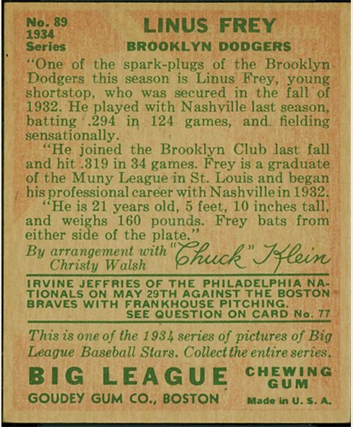 1934 Goudey #89 Lonny Frey card back