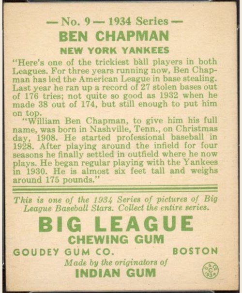 1934 Goudey #9 Ben Chapman card back