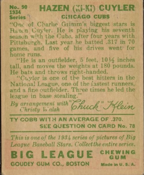 1934 Goudey #90 Kiki Cuyler card back