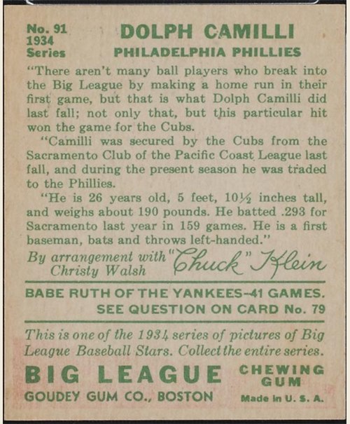 1934 Goudey #91 Dolph Camilli card back