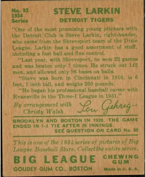 1934 Goudey #92 Steve Larkin card back