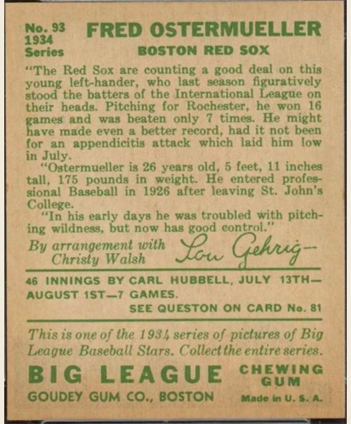 1934 Goudey #93 Fritz Ostermueller card back
