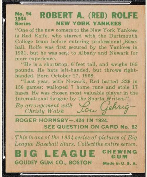 1934 Goudey #94 Red Rolfe card back