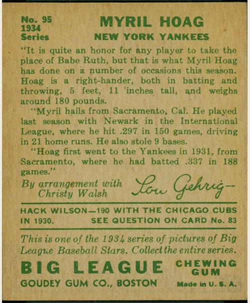 1934 Goudey #95 Myril Hoag card back