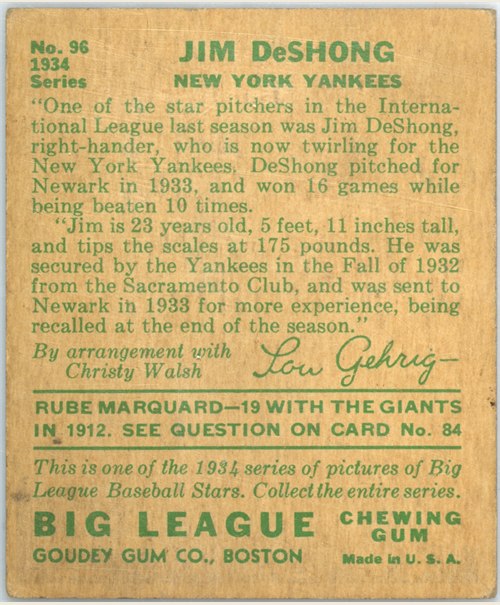 1934 Goudey #96 Jimmie DeShong card back