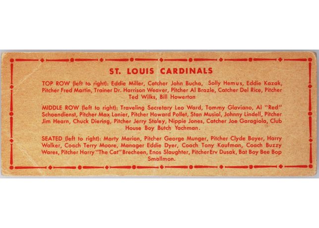 1951 Topps Team card St. Louis Cardinals - Dated 1950 (back)