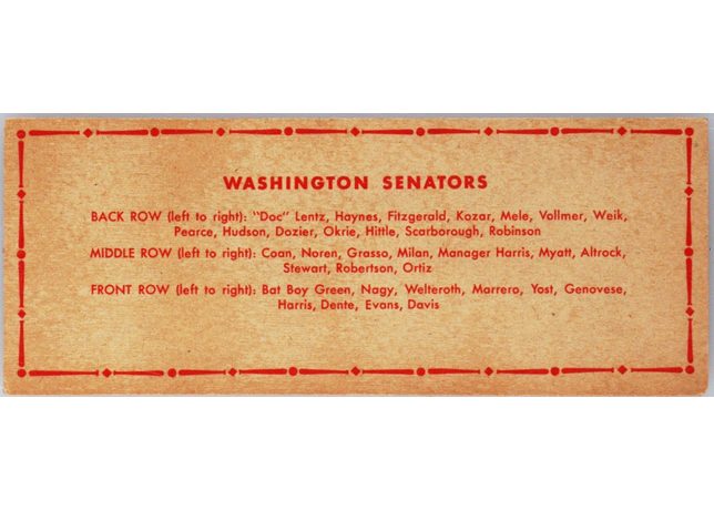 1951 Topps Team card Washington Senators - Dated 1950 (back)