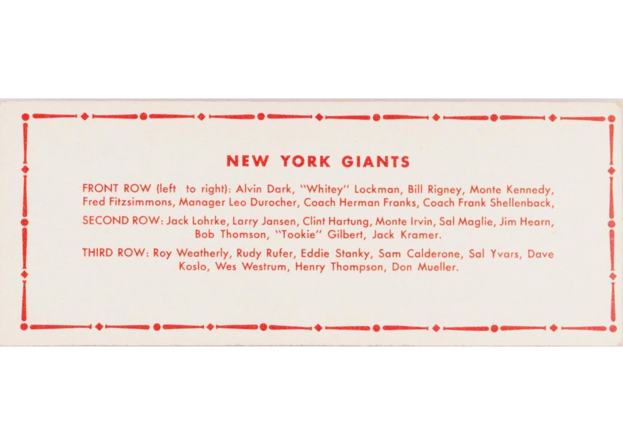 1951 Topps Team card New York Giants card back