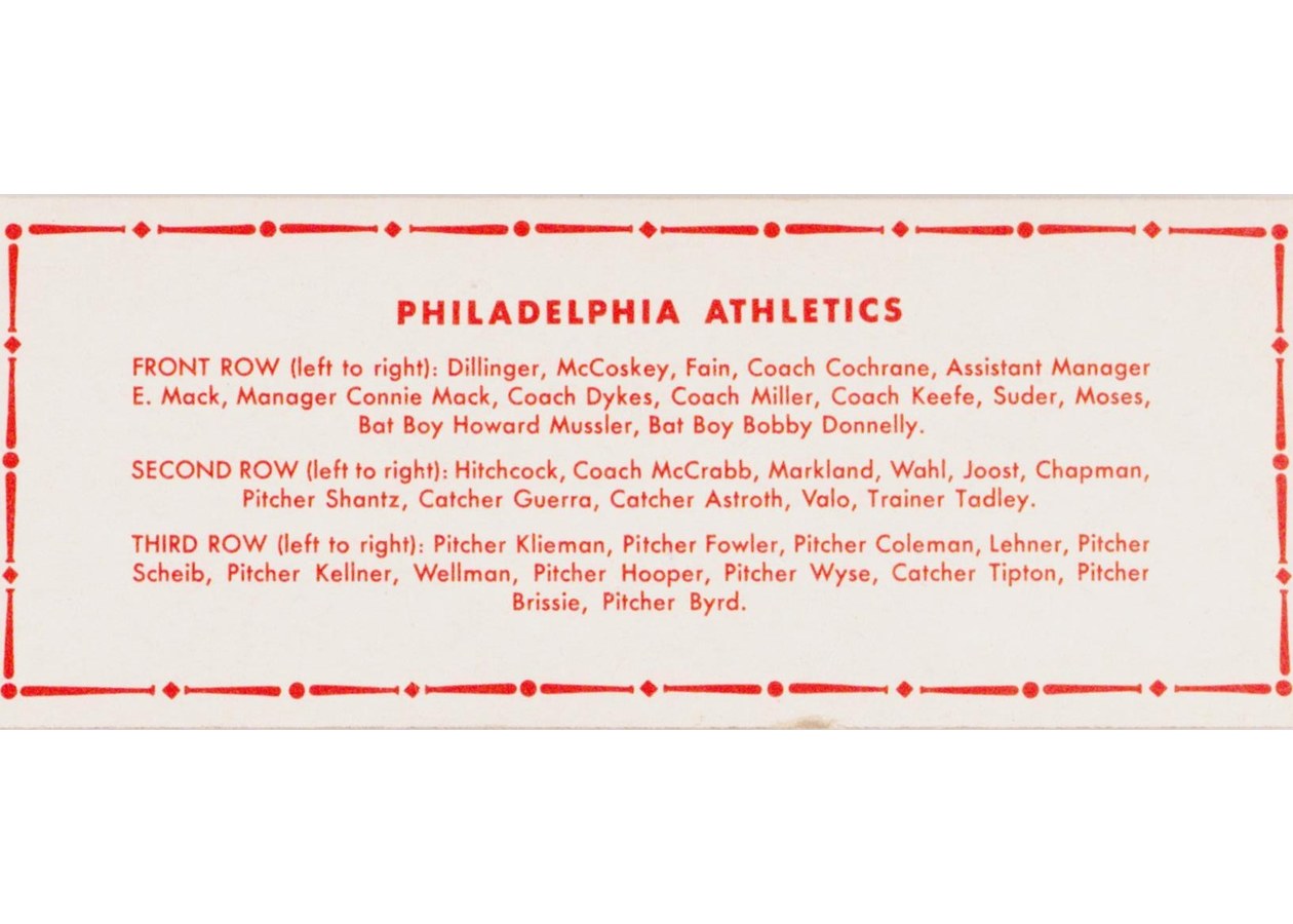 1951 Topps Team card Philadelphia Athletics card back