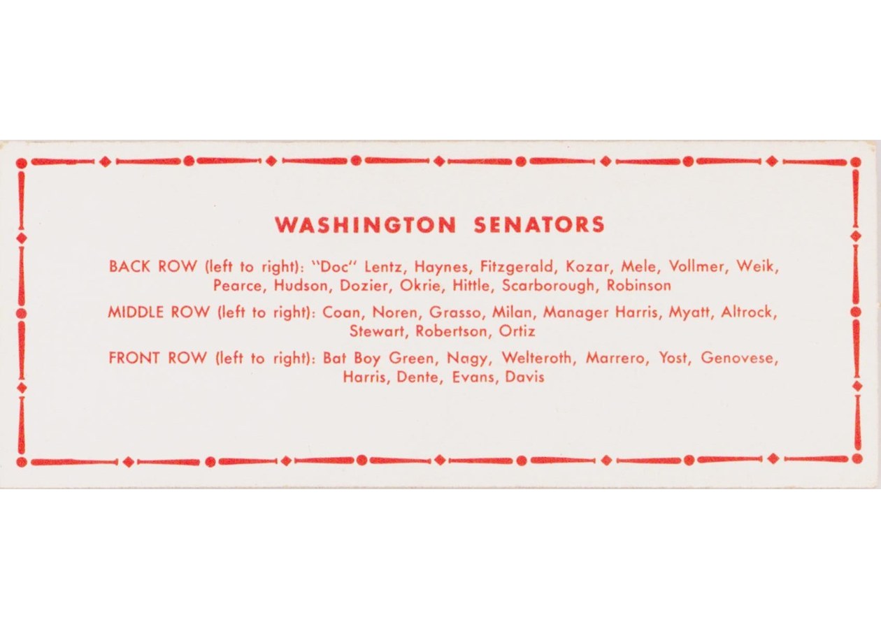 1951 Topps Team card Washington Senators card back