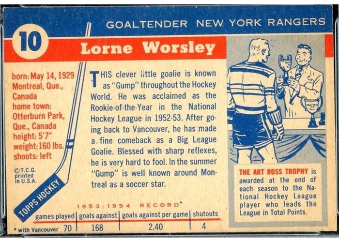 1954-55 Topps #10 Gump Worsley card back