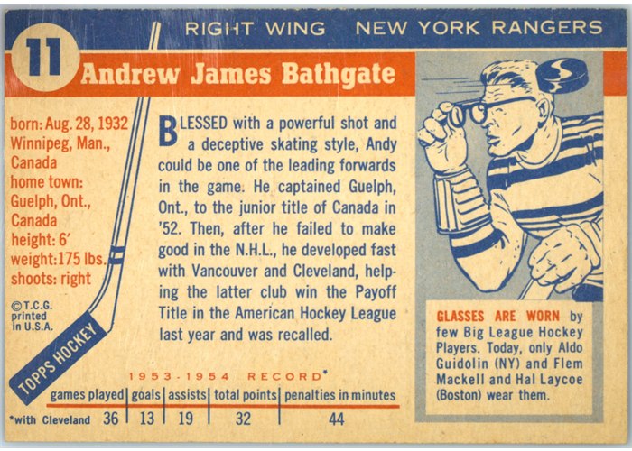 1954-55 Topps #11 Andy Bathgate card back