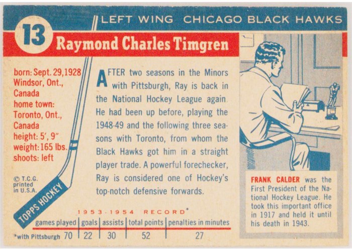 1954-55 Topps #13 Ray Timgren card back
