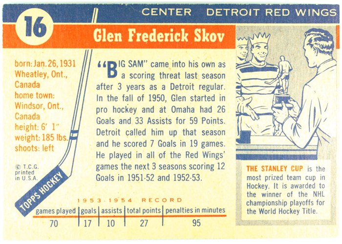 1954-55 Topps #16 Glen Skov card back
