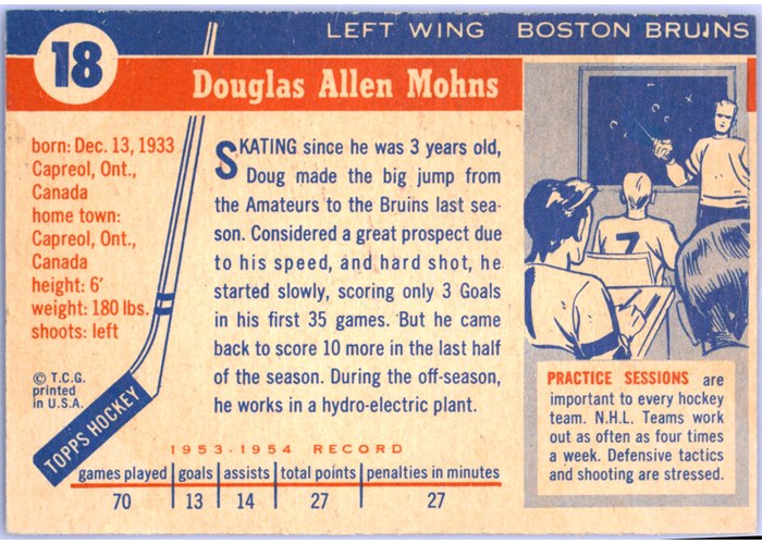 1954-55 Topps #18 Doug Mohns card back