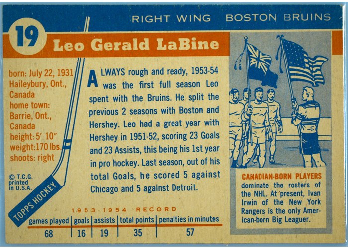 1954-55 Topps #19 Leo Labine card back