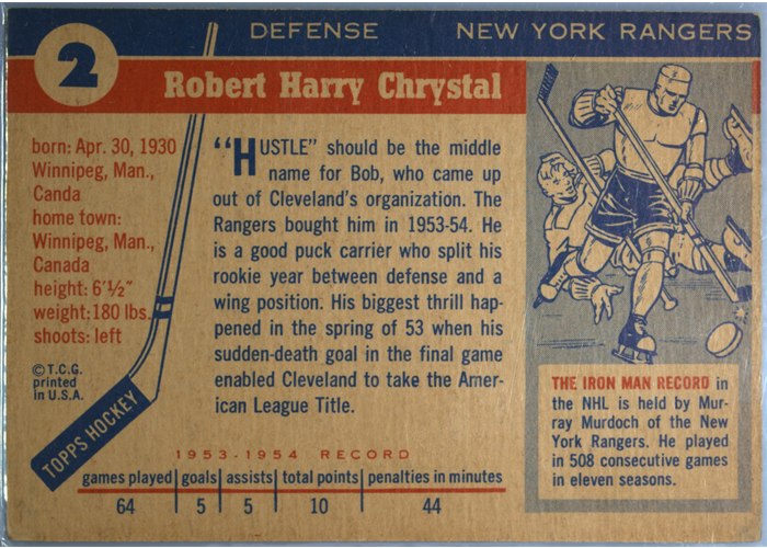 1954-55 Topps #2 Bob Chrystal card back