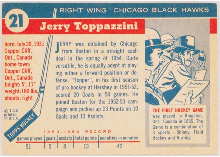 1954-55 Topps #21 Jerry Toppazzini card back