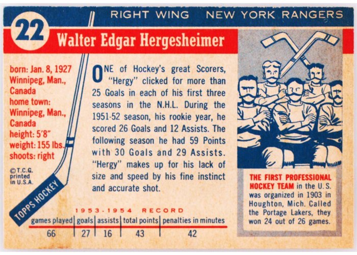 1954-55 Topps #22 Wally Hergesheimer card back