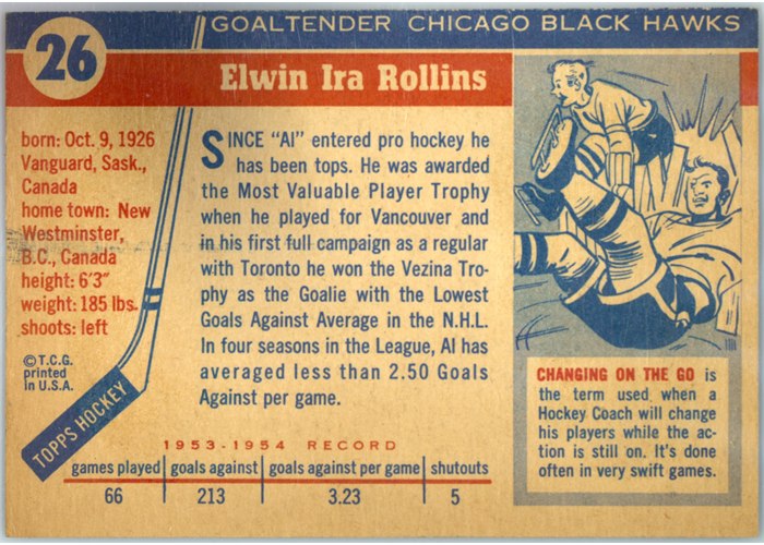 1954-55 Topps #26 Al Rollins card back