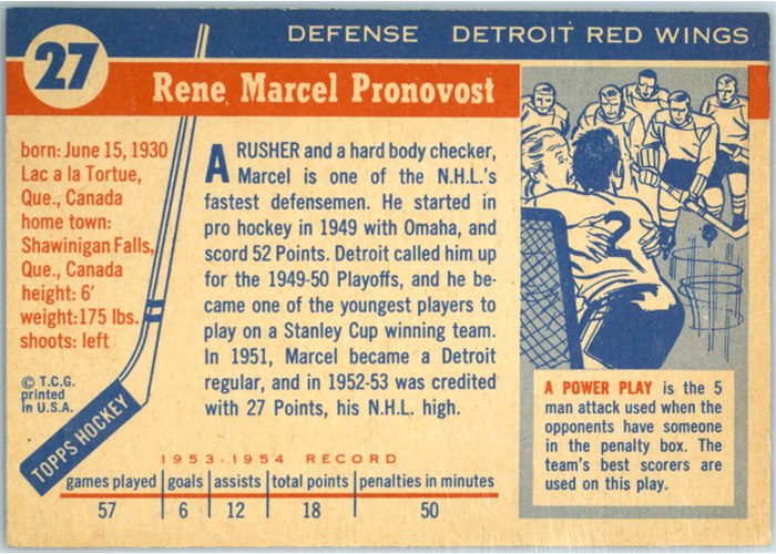 1954-55 Topps #27 Marcel Pronovost card back
