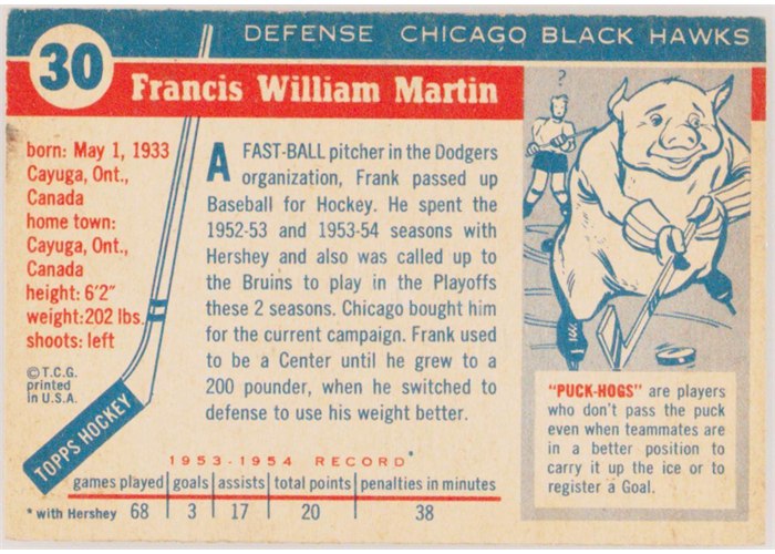 1954-55 Topps #30 Frank Martin card back
