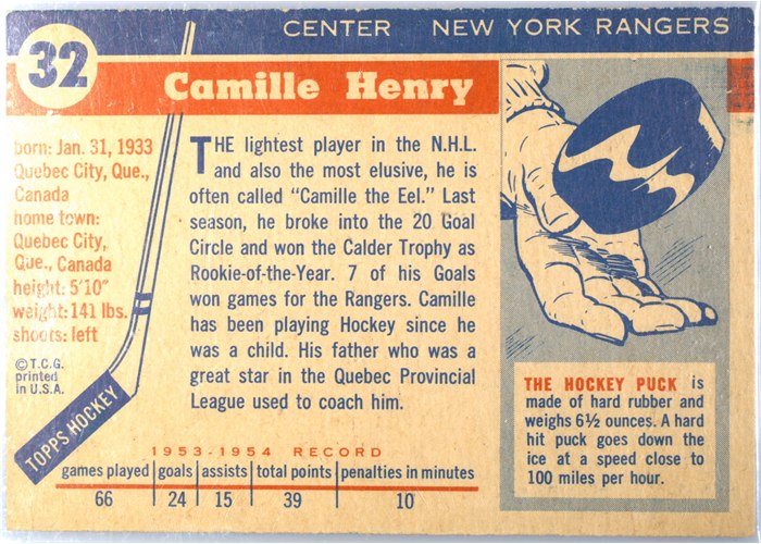 1954-55 Topps #32 Camille Henry card back