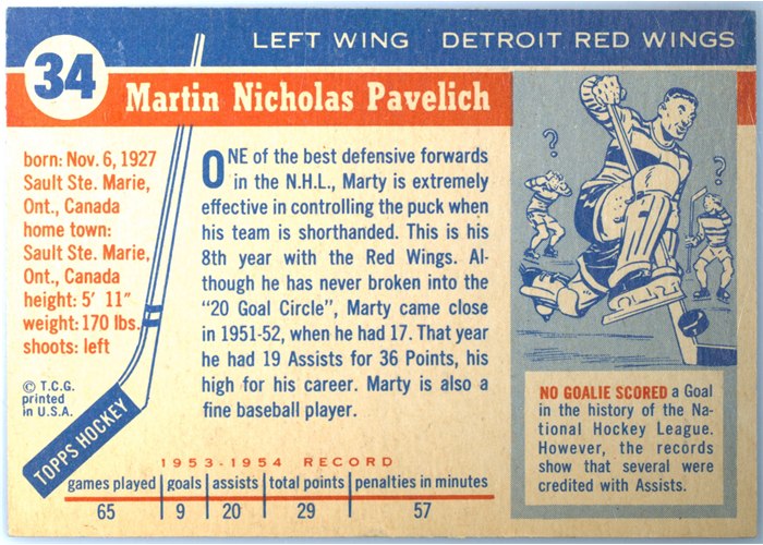 1954-55 Topps #34 Marty Pavelich card back