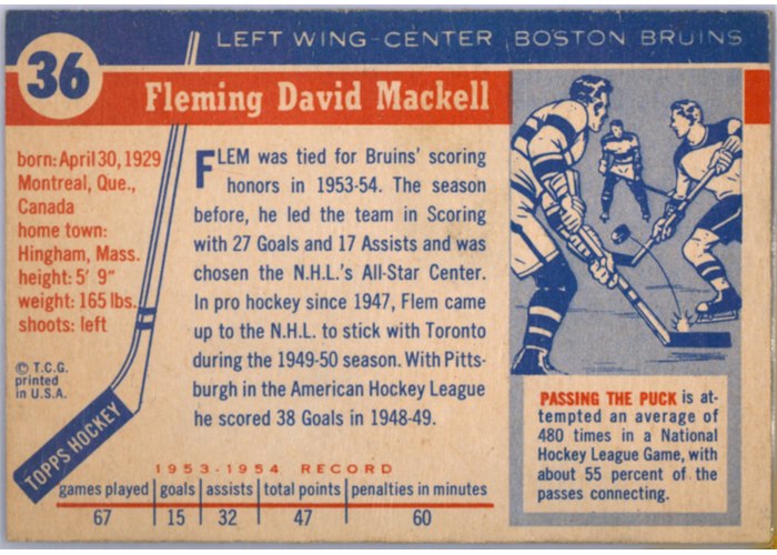 1954-55 Topps #36 Fleming Mackell card back