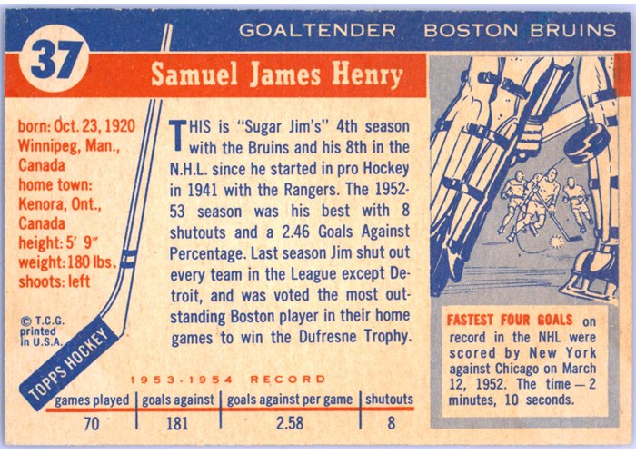 1954-55 Topps #37 Jim Henry card back
