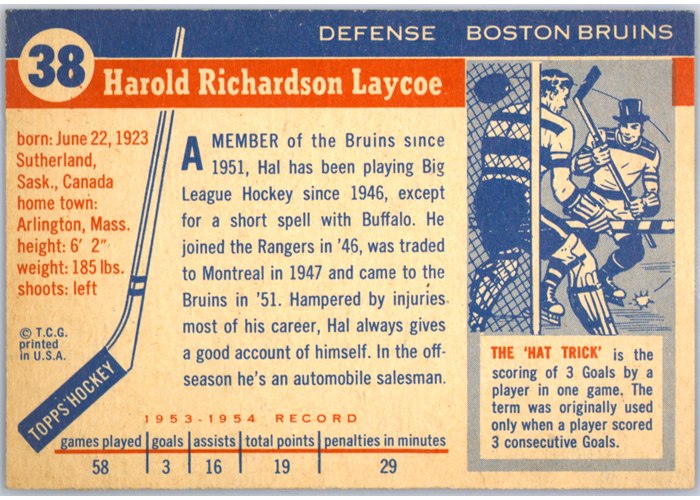 1954-55 Topps #38 Hal Laycoe card back