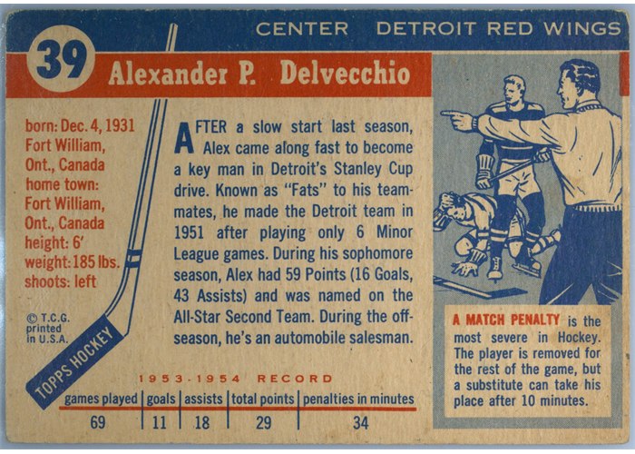 1954-55 Topps #39 Alex Delvecchio card back