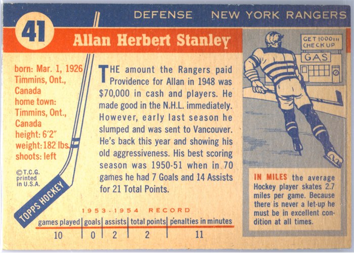 1954-55 Topps #41 Allan Stanley card back
