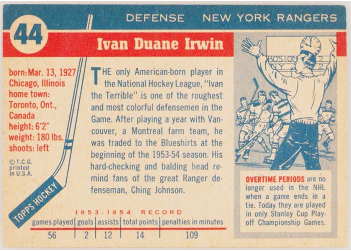 1954-55 Topps #44 Ivan Irwin card back