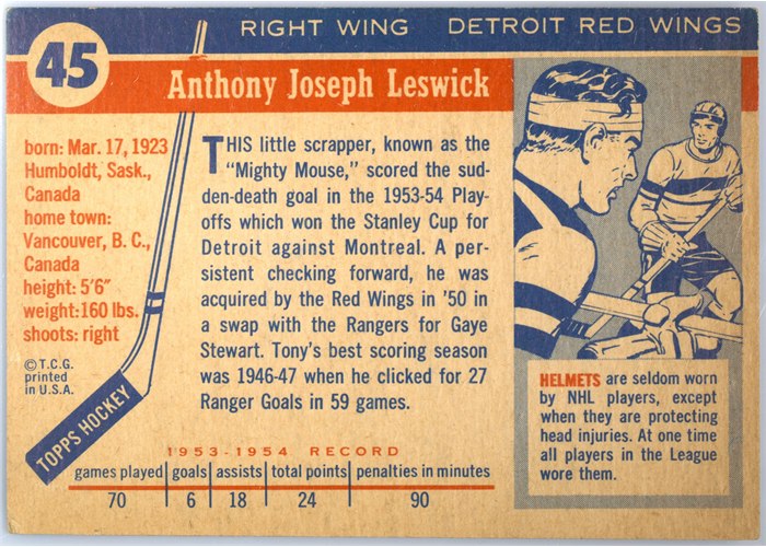 1954-55 Topps #45 Tony Leswick card back